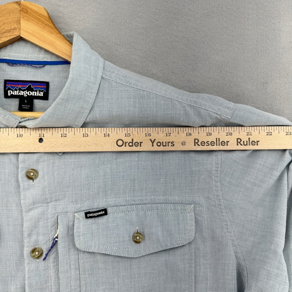 Patagonia Light Blue Hemp Blend Stealth Stream Long Sleeve Button Shirt Mens L - Picture 7 of 11